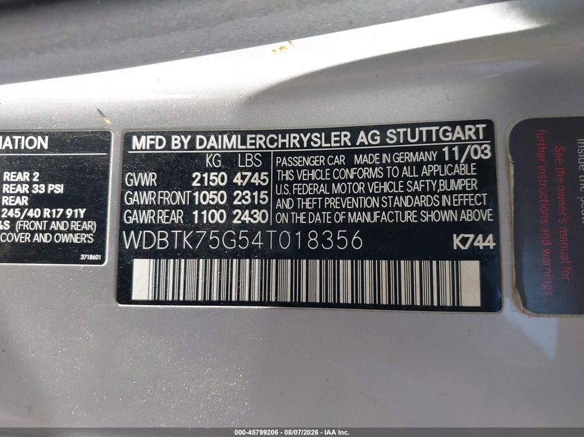 2004 Mercedes-benz Clk-class VIN WDBTK75G54T018356 IAAI salvage auction — FRONT END, Clear (Minnesota), sold $1,050 on 2026-08-17 (photo 9)