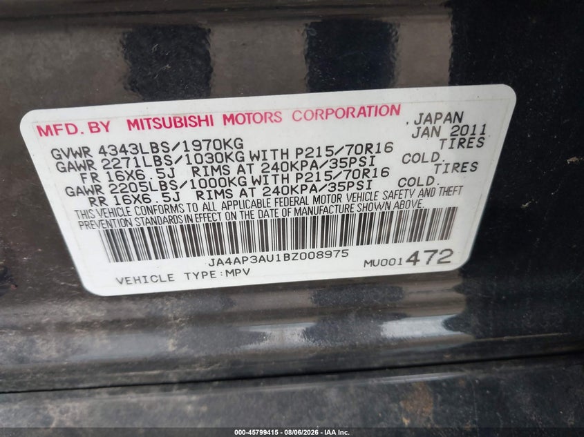 2011 Mitsubishi Outlander sport VIN JA4AP3AU1BZ008975 IAAI salvage auction — NORMAL WEAR, Clear (Illinois), sold $550 on 2026-09-02 (photo 9)