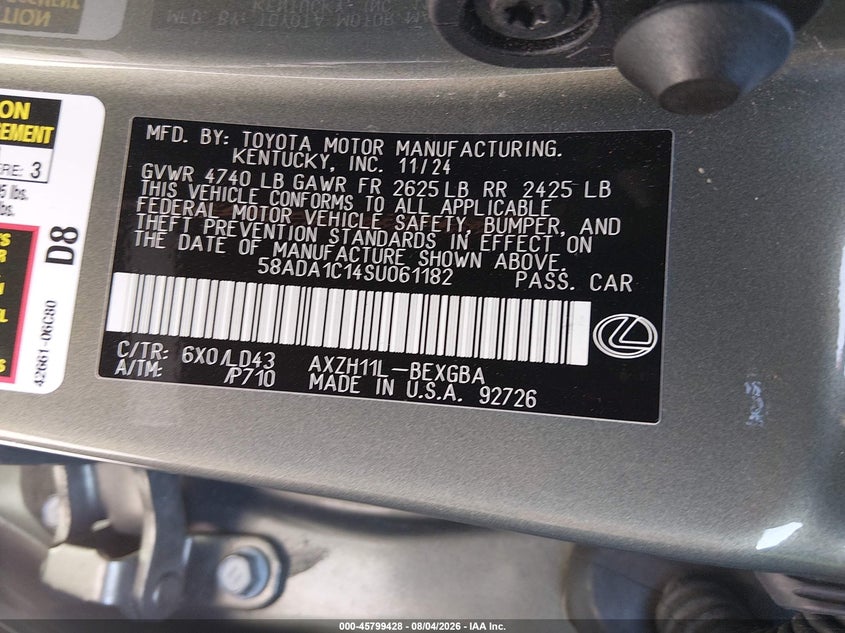 2025 Lexus ES VIN 58ADA1C14SU061182 IAAI salvage auction — REAR END, Salvage Title, sold $22,750 on 2026-09-14 (photo 9)