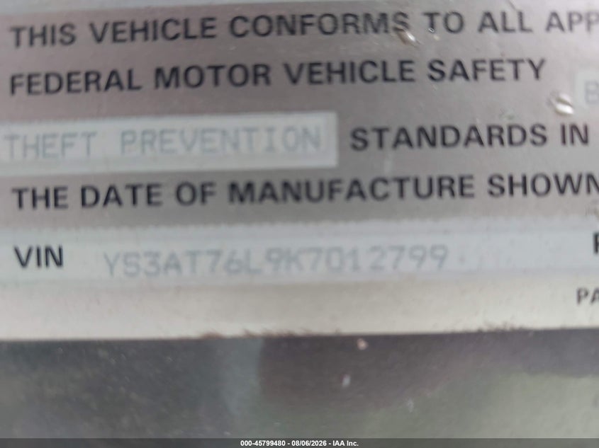 1989 Saab 900 VIN YS3AT76L9K7012799 IAAI salvage auction — NORMAL WEAR, Clear (Massachusetts), sold $450 on 2026-08-17 (photo 9)
