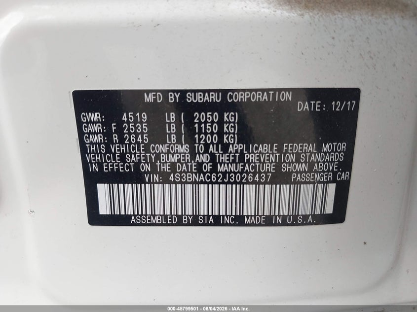 2018 Subaru LEGACY VIN 4S3BNAC62J3026437 IAAI salvage auction — SIDE, Salvage Title, sold $1,800 on 2026-08-28 (photo 9)