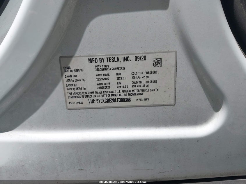 2020 Tesla Model x VIN 5YJXCBE28LF300368 IAAI salvage auction — ALL OVER, Wait Title, sold $13,100 on 2026-08-28 (photo 9)