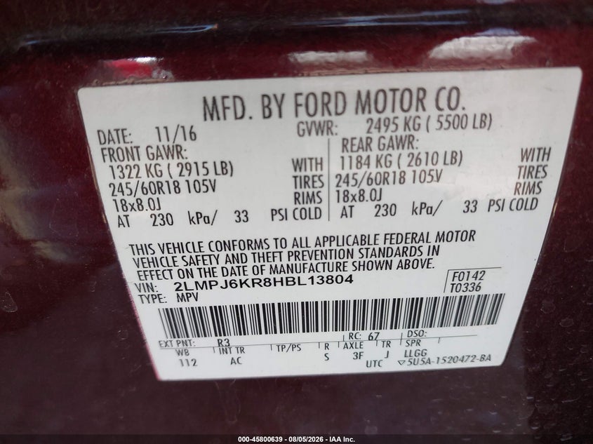 2017 Lincoln Mkx VIN 2LMPJ6KR8HBL13804 IAAI salvage auction — LEFT FRONT, Salvage Title, sold $5,500 on 2026-09-06 (photo 9)