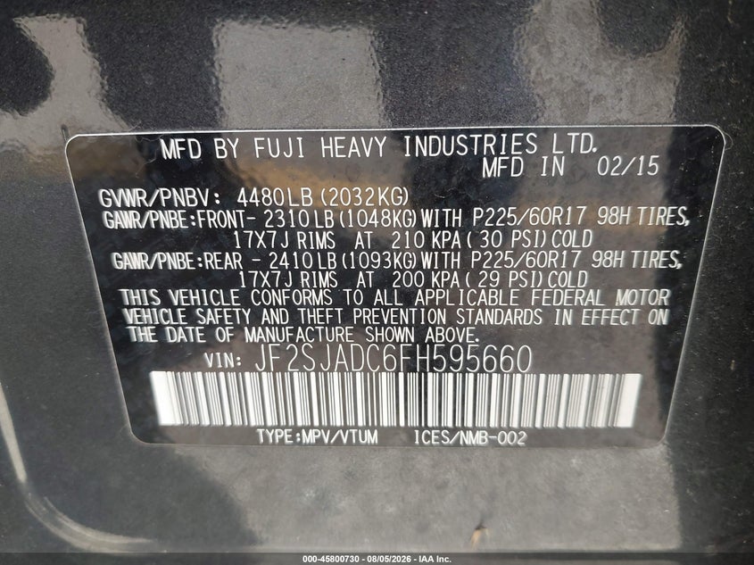 2015 Subaru Forester VIN JF2SJADC6FH595660 IAAI salvage auction — LEFT SIDE, Original (Texas), sold $2,175 on 2026-09-14 (photo 9)