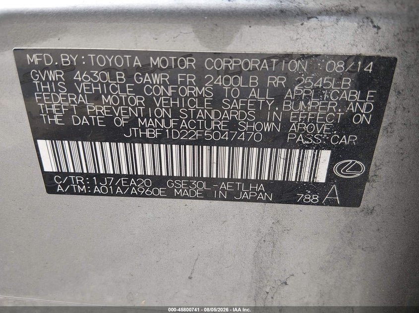 2015 Lexus Is VIN JTHBF1D22F5047470 IAAI salvage auction — REAR END, Wait Title, sold $1,200 on 2026-09-24 (photo 9)