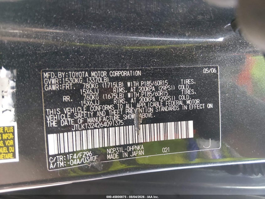 2006 Scion Xb VIN JTLKT324264091375 IAAI salvage auction — NORMAL WEAR, Clear (Washington), sold $225 on 2026-09-02 (photo 9)