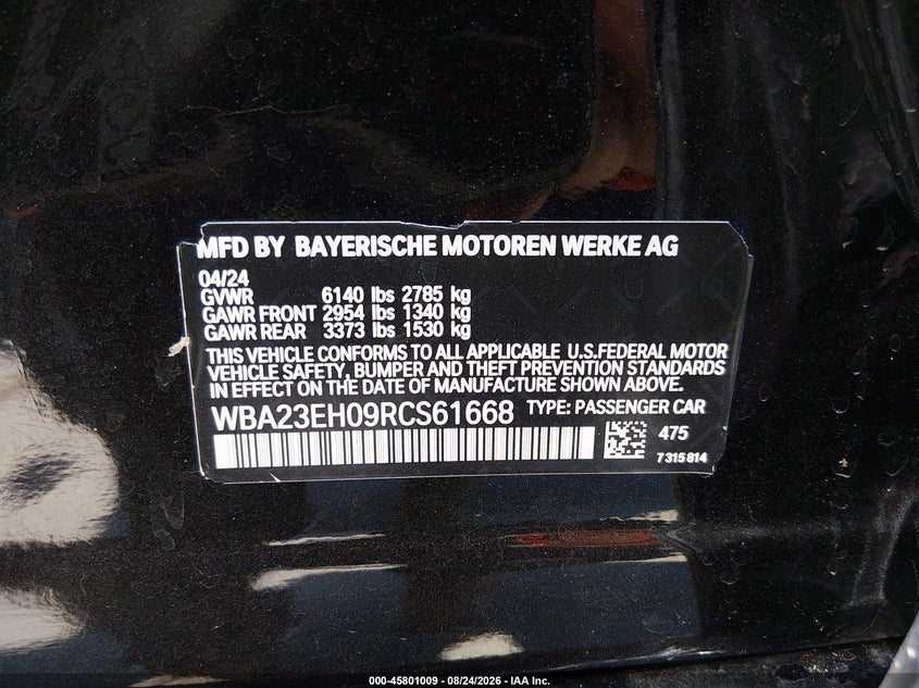 2024 BMW 7er VIN WBA23EH09RCS61668 IAAI salvage auction — LEFT FRONT, Salvage Title, sold $28,950 on 2026-10-19 (photo 9)