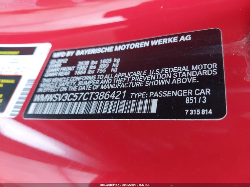 2012 Mini Cooper VIN WMWSV3C57CT386421 IAAI salvage auction — NORMAL WEAR, Wait Title, sold $1,625 on 2026-09-22 (photo 9)