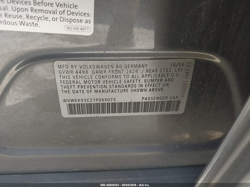 2007 Volkswagen Passat VIN WVWEK93C27P069073 IAAI salvage auction — NORMAL WEAR, Original (Texas), sold $175 on 2026-08-17 (photo 9)