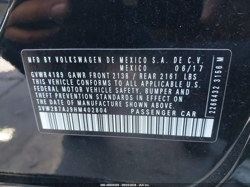 2017 Volkswagen Jetta VIN 3VW2B7AJ9HM402804 IAAI salvage auction — SIDE, Salvage Certificate (California), sold $2,750 on 2026-08-21 (photo 9)