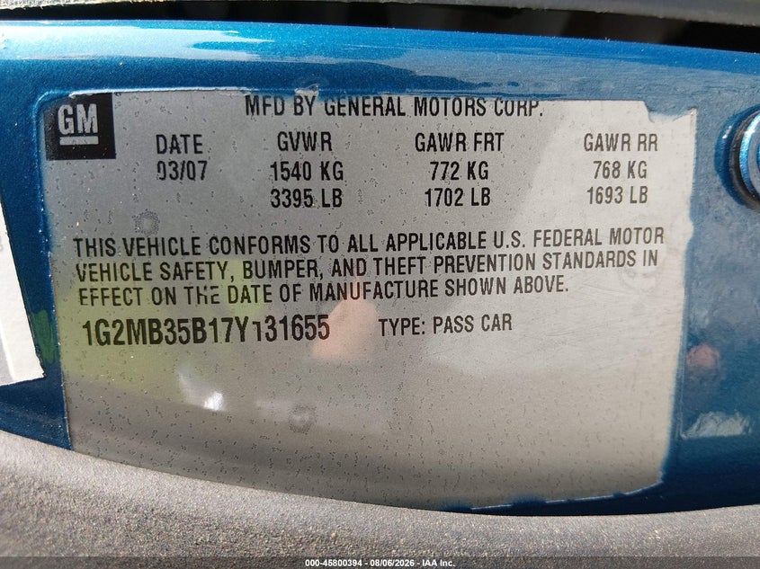 2007 Pontiac Solstice VIN 1G2MB35B17Y131655 IAAI salvage auction — REAR END, Bill Of Sale (Washington), sold $650 on 2026-08-24 (photo 9)