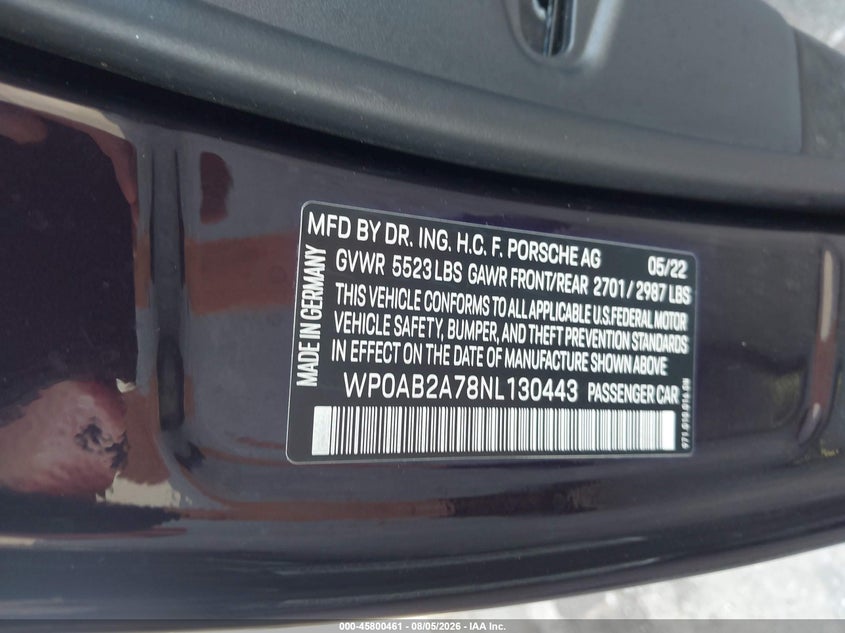 2022 Porsche Panamera VIN WP0AB2A78NL130443 IAAI salvage auction — FRONT END, Salvage Title, sold $24,950 on 2026-09-14 (photo 9)