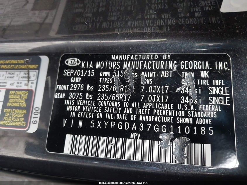 2016 Kia Sorento VIN 5XYPGDA37GG110185 IAAI salvage auction — NORMAL WEAR, Clear (Pennsylvania), sold $1,900 on 2026-08-20 (photo 9)