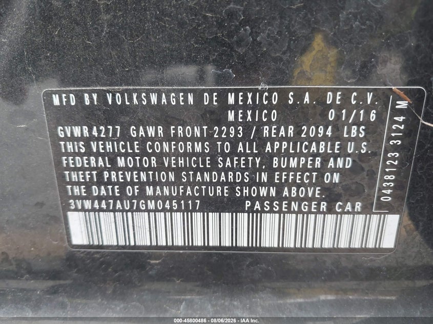 2016 Volkswagen Golf gti VIN 3VW447AU7GM045117 IAAI salvage auction — SIDE, Salvage (California), sold $7,100 on 2026-08-17 (photo 9)