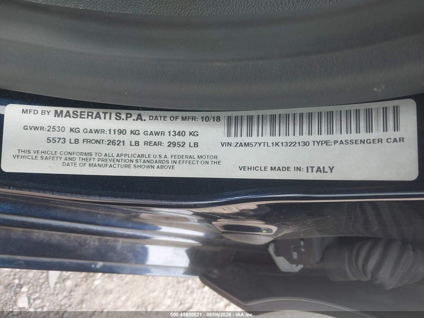 2019 Maserati Ghibli VIN ZAM57YTL1K1322130 IAAI salvage auction — SIDE, Salvage Title, sold $9,300 on 2026-08-19 (photo 9)