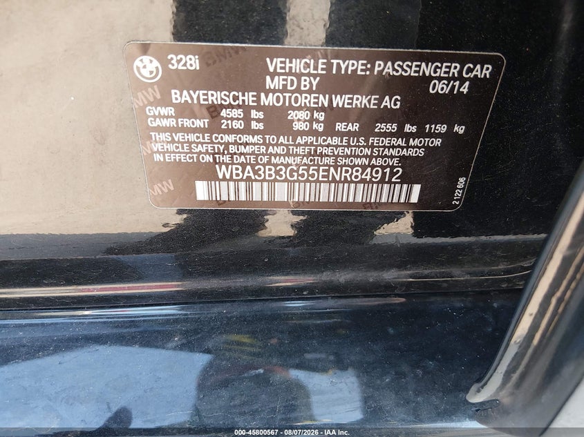 2014 BMW 3er VIN WBA3B3G55ENR84912 IAAI salvage auction — FRONT END, Salvage Title, sold $2,700 on 2026-08-19 (photo 9)