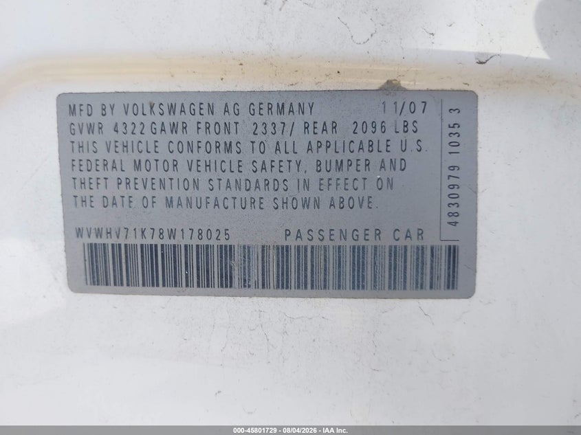 2008 Volkswagen Gti VIN WVWHV71K78W178025 IAAI salvage auction — FRONT END, Salvage (California), sold $550 on 2026-09-15 (photo 9)