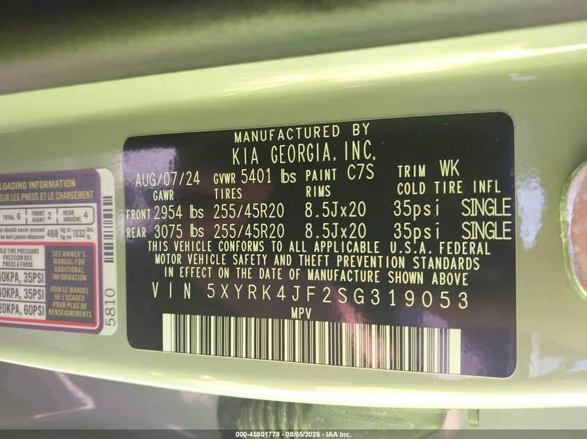 2025 Kia Sorento VIN 5XYRK4JF2SG319053 IAAI salvage auction — RIGHT FRONT, Wait Title, sold $12,600 on 2026-08-27 (photo 9)