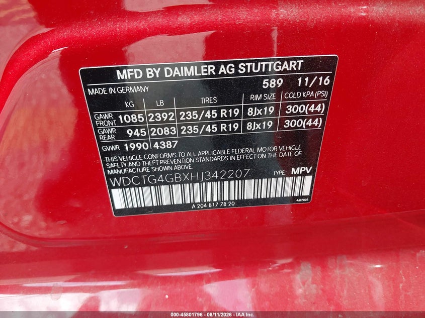 2017 Mercedes-benz Gla-klasse VIN WDCTG4GBXHJ342207 IAAI salvage auction — FRONT & REAR, Salvage (California), sold $3,800 on 2026-08-15 (photo 9)