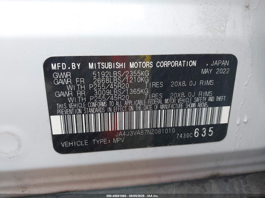 2022 Mitsubishi Outlander VIN JA4J3VA87NZ081010 IAAI salvage auction — SIDE, Salvage Title, sold $8,300 on 2026-08-30 (photo 9)