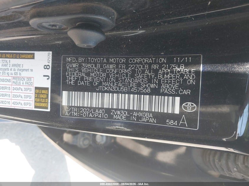 2011 Toyota Prius VIN JTDKN3DU5B1457568 IAAI salvage auction — NORMAL WEAR, Clear - Dealer Only (California), sold $1,700 on 2026-08-17 (photo 9)