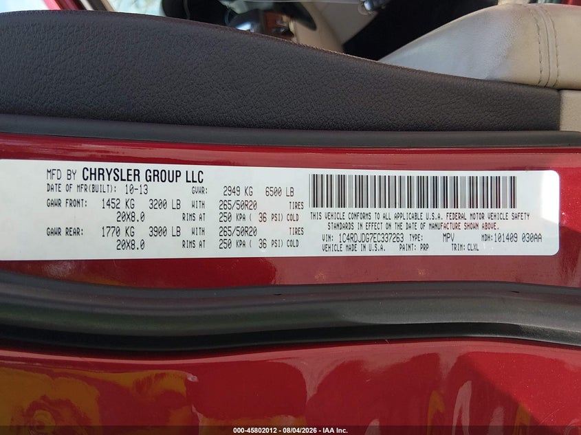 2014 Dodge Durango VIN 1C4RDJDG7EC337263 IAAI salvage auction — NORMAL WEAR, Clear (New Jersey), sold $700 on 2026-09-07 (photo 9)