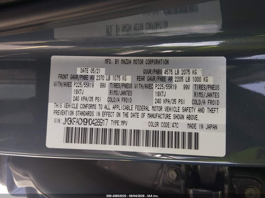 2021 Mazda Cx-5 VIN JM3KFACM9M0428917 IAAI salvage auction — LEFT FRONT, Salvage Title, sold $10,100 on 2026-09-06 (photo 9)