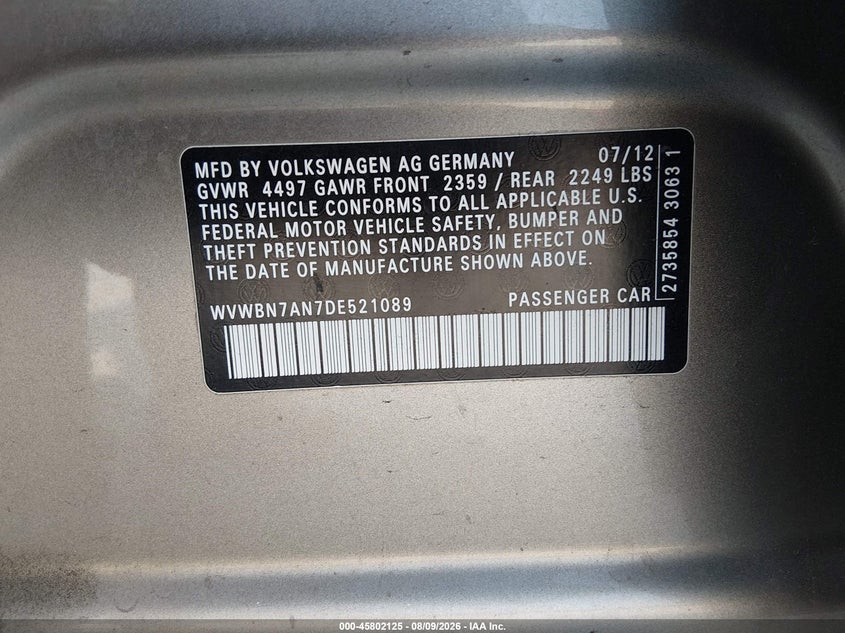 2013 Volkswagen Passat cc VIN WVWBN7AN7DE521089 IAAI salvage auction — NORMAL WEAR, Clear (Missouri), sold $550 on 2026-08-17 (photo 9)