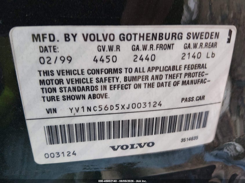 1999 Volvo C70 VIN YV1NC56D5XJ003124 IAAI salvage auction — NORMAL WEAR, Clear (Wisconsin), sold $375 on 2026-08-19 (photo 9)