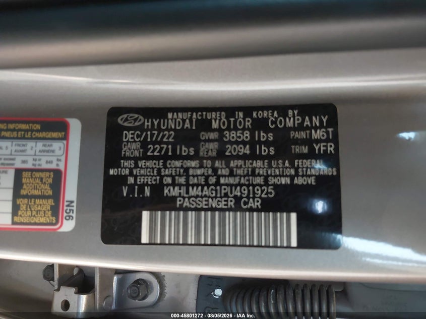 2023 Hyundai Elantra VIN KMHLM4AG1PU491925 IAAI salvage auction — LEFT SIDE, Bill Of Sale (Washington), sold $4,350 on 2026-08-27 (photo 9)