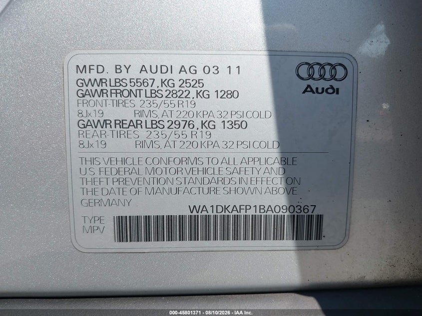 2011 Audi Q5 VIN WA1DKAFP1BA090367 IAAI salvage auction — LEFT FRONT, Salvage (Connecticut), sold $675 on 2026-09-07 (photo 9)