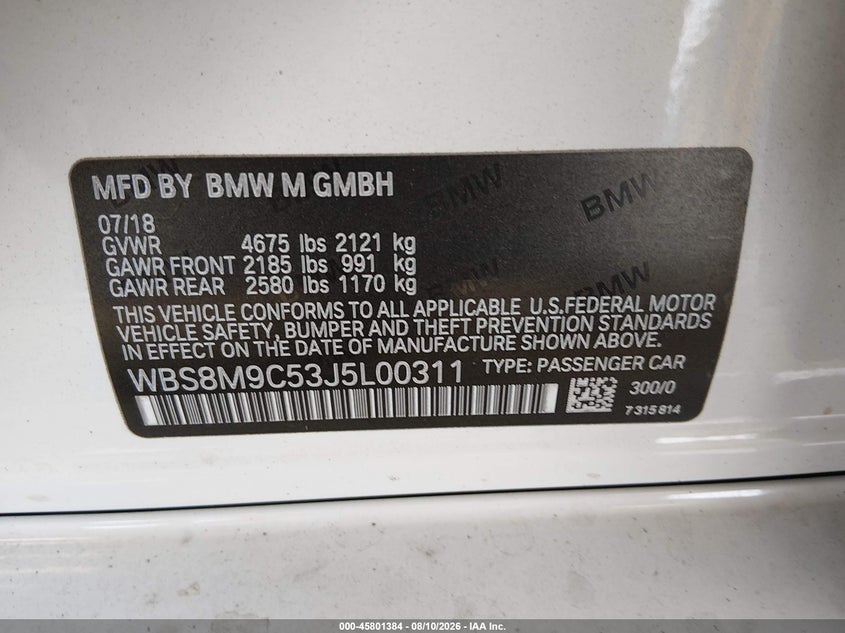 2018 BMW M3 VIN WBS8M9C53J5L00311 IAAI salvage auction — FRONT & REAR, Bill Of Sale (Washington), sold $17,825 on 2026-09-02 (photo 9)
