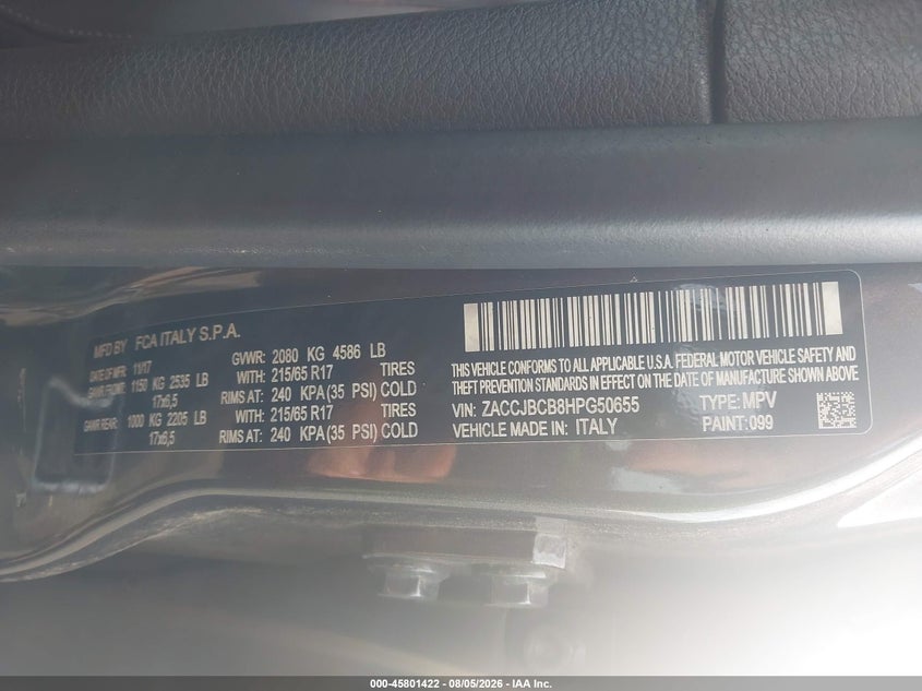 2017 Jeep Renegade VIN ZACCJBCB8HPG50655 IAAI salvage auction — NORMAL WEAR, Clear (New York), sold $500 on 2026-08-18 (photo 9)