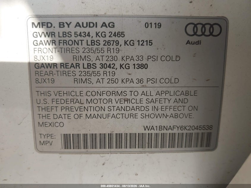 2019 Audi Q5 VIN WA1BNAFY6K2045538 IAAI salvage auction — REAR END, Wait Title, sold $9,400 on 2026-09-07 (photo 9)