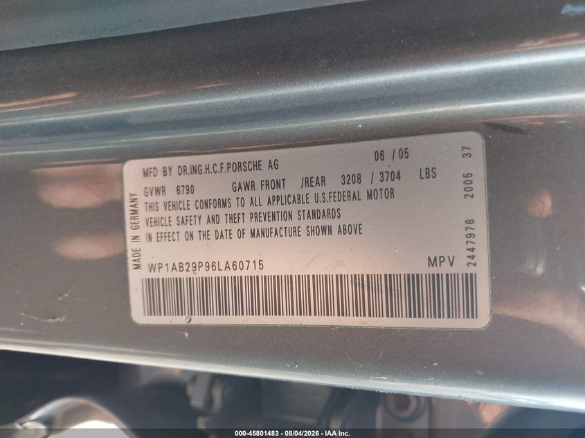 2006 Porsche Cayenne VIN WP1AB29P96LA60715 IAAI salvage auction — NORMAL WEAR, Clear (Tennessee), sold $25 on 2026-08-18 (photo 9)