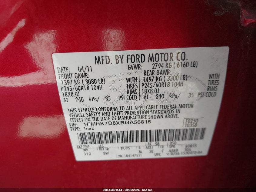 2011 Ford Explorer VIN 1FMHK7D8XBGA56815 IAAI salvage auction — REAR END, Salvage (California), sold $1,350 on 2026-08-24 (photo 9)