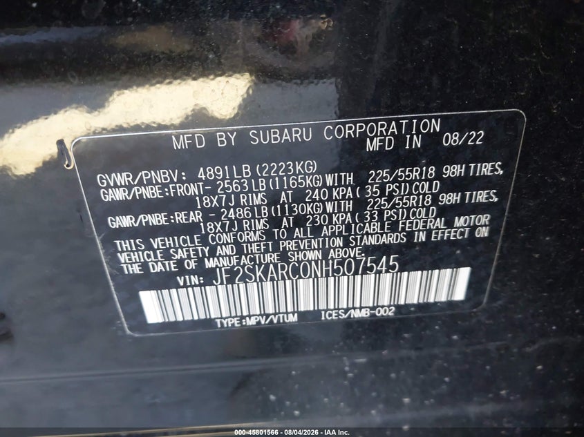 2022 Subaru Forester VIN JF2SKARC0NH507545 IAAI salvage auction — FRONT END, Wait Title, sold $7,700 on 2026-08-26 (photo 9)