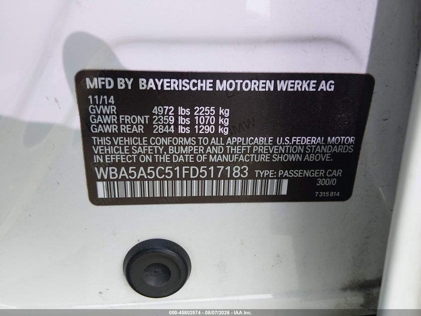 2015 BMW 5er VIN WBA5A5C51FD517183 IAAI salvage auction — FRONT END, Salvage (Nevada), sold $925 on 2026-08-21 (photo 9)