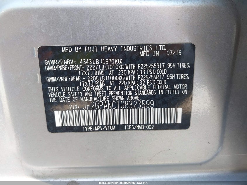 2016 Subaru Xv VIN JF2GPANC1G8323599 IAAI salvage auction — FRONT END, Salvage (California), sold $2,450 on 2026-08-29 (photo 9)