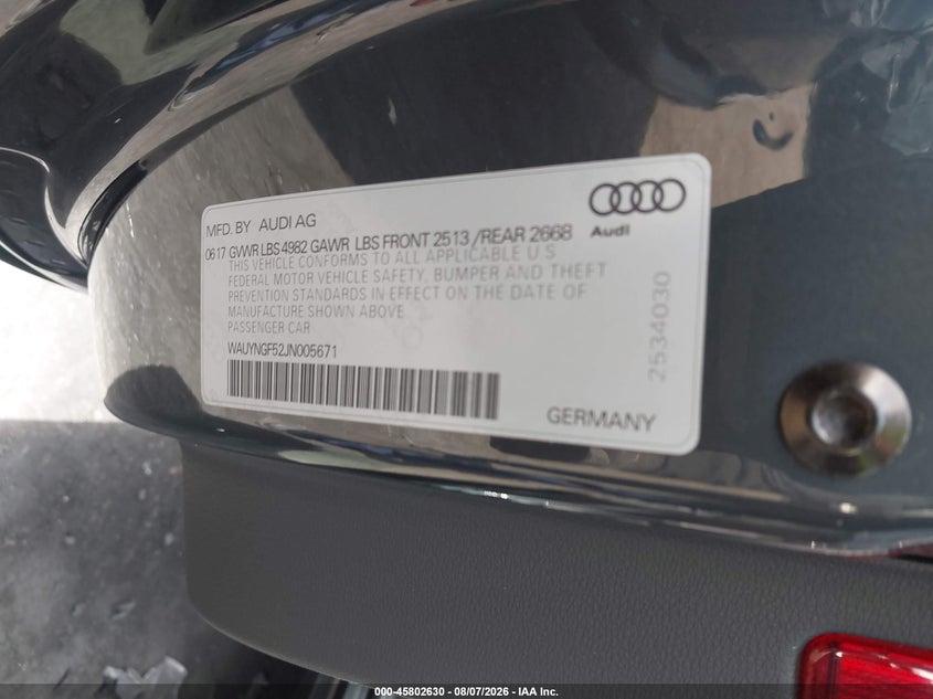 2018 Audi A5 VIN WAUYNGF52JN005671 IAAI salvage auction — RIGHT FRONT, Salvage Title, sold $4,000 on 2026-08-21 (photo 9)