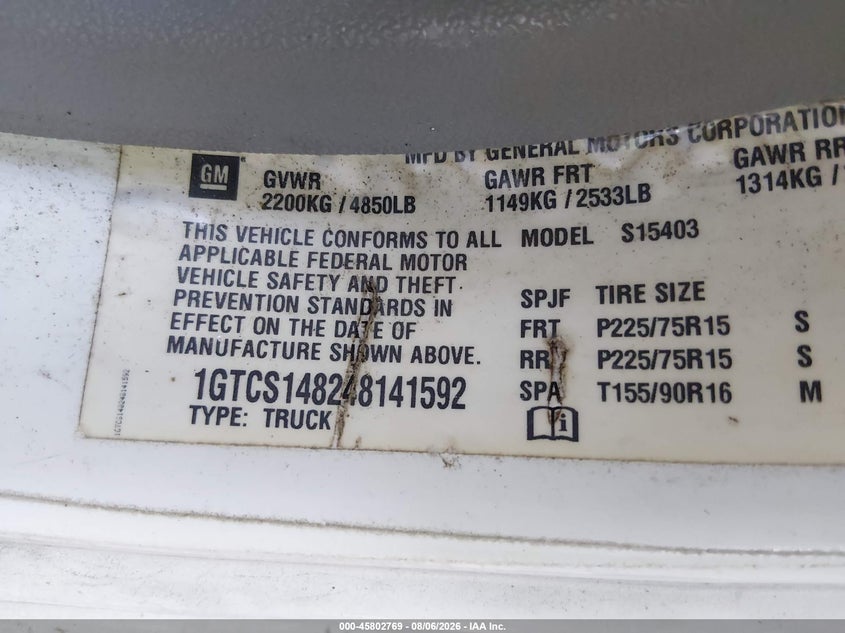 2004 Gmc Canyon VIN 1GTCS148248141592 IAAI salvage auction — NORMAL WEAR, Clear (Virginia), sold $575 on 2026-09-01 (photo 9)
