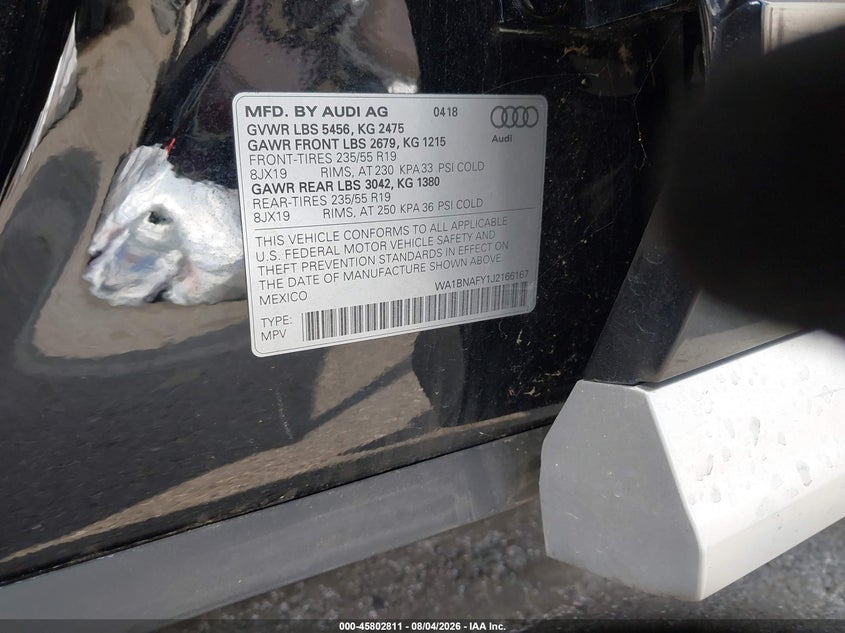 2018 Audi Q5 VIN WA1BNAFY1J2166167 IAAI salvage auction — LEFT SIDE, Salvage Title, sold $8,875 on 2026-08-27 (photo 9)