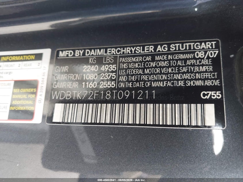 2008 Mercedes-benz Clk-class VIN WDBTK72F18T091211 IAAI salvage auction — FRONT END, Salvage (California), sold $550 on 2026-08-19 (photo 9)