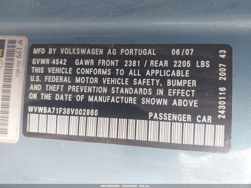 2008 Volkswagen Eos VIN WVWBA71F38V002860 IAAI salvage auction — NORMAL WEAR, Clear (Florida), sold $325 on 2026-08-18 (photo 9)