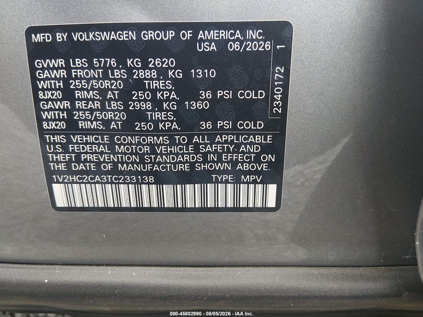 2026 Volkswagen Atlas cross sport VIN 1V2HC2CA3TC233138 IAAI salvage auction — SIDE, Salvage Title, sold $14,100 on 2026-08-18 (photo 9)