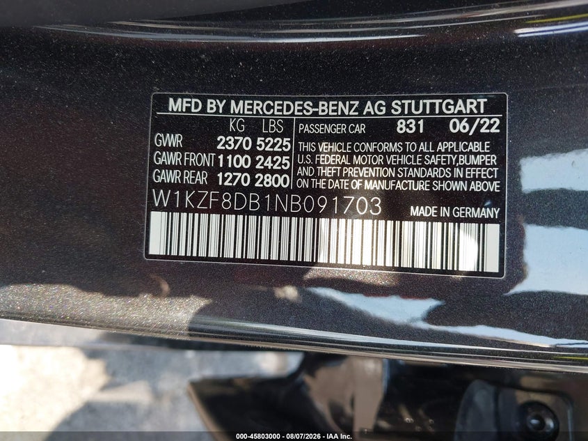2022 Mercedes-Benz E-Class VIN W1KZF8DB1NB091703 IAAI salvage auction — Front End, Clear (Tennessee), sold $20,500 on 2026-09-12 (photo 9)