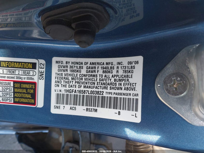 2007 Honda Civic VIN 1HGFA16587L003822 IAAI salvage auction — LEFT FRONT, Salvage Certificate (California), sold $850 on 2026-08-20 (photo 9)