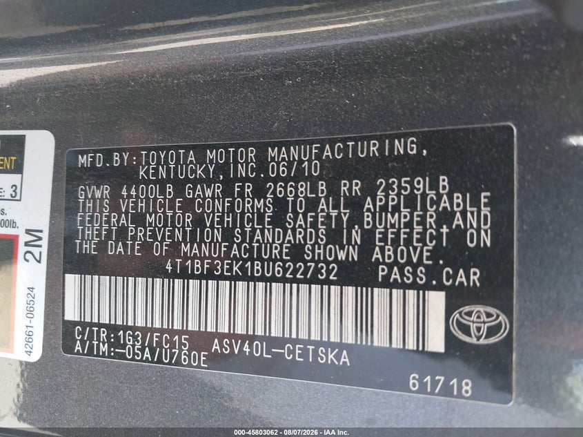 2011 Toyota Camry VIN 4T1BF3EK1BU622732 IAAI salvage auction — FRONT END, Salvage (California), sold $975 on 2026-08-21 (photo 9)