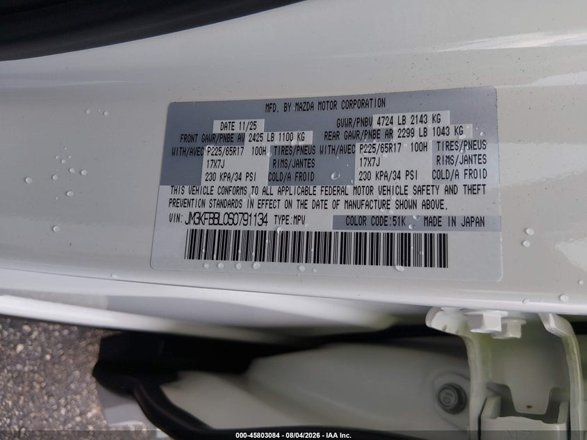 2025 Mazda Cx-5 VIN JM3KFBBL0S0791134 IAAI salvage auction — REAR END, Salvage Title, sold $9,200 on 2026-08-31 (photo 9)