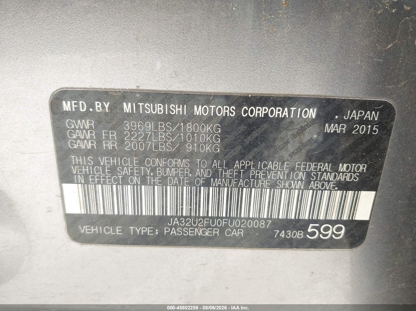 2015 Mitsubishi Lancer VIN JA32U2FU0FU020087 IAAI salvage auction — NORMAL WEAR, Original (Texas), sold $975 on 2026-08-20 (photo 9)